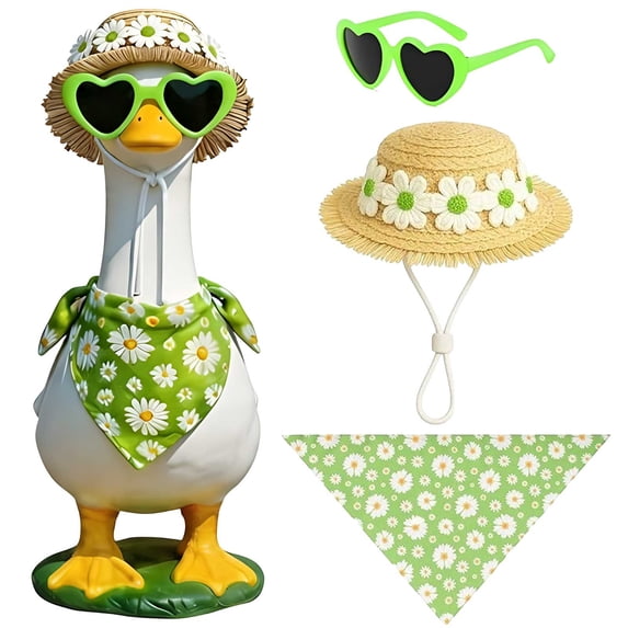 Porch Goose Outfits,Goose Outfits,Goose Costume Spring Summer Set, Daisy Bandana, Straw Hat & Heart Sunglasses - Fits 23" 17" Goose Statue(Green)