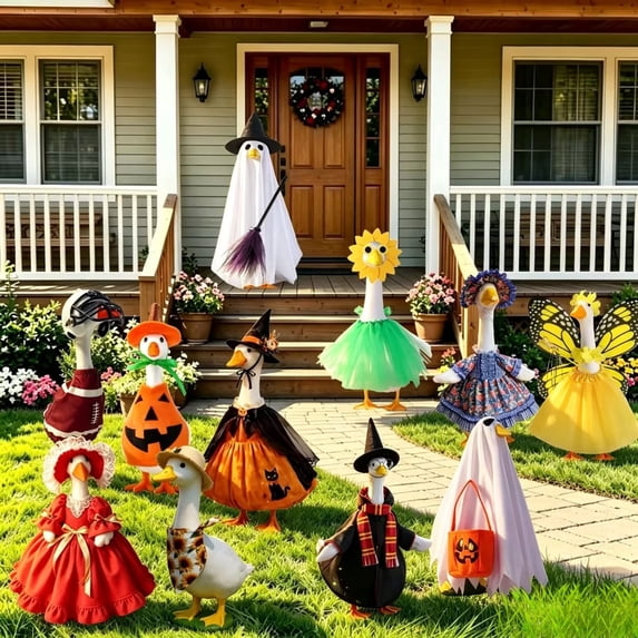 Porch Goose Outfits, Halloween Goose Outfit Spring Costume Set, Dress with Straw Hat and Sunglasses for Lawn Patio Yard Outdoor Decor (#24, 23in)