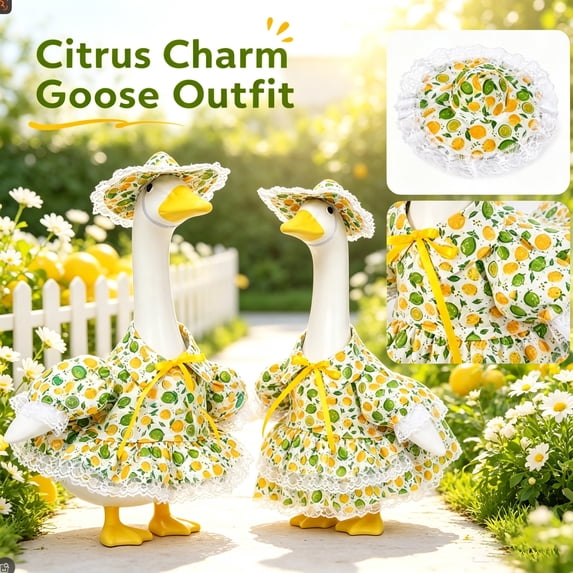 Porch Goose Outfits, Lemon Print Lawn Goose Statue Clothes, Yard Gooses Costume Dress Hat Outfit for 23" Statue Patio Garden Decoration
