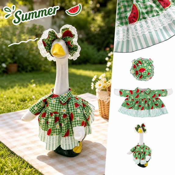 Porch Goose Outfits, Watermelon Print Lawn Goose Statue Clothes, Yard Gooses Costume Dress Hat Outfit for 23" Statue Patio Garden Decoration