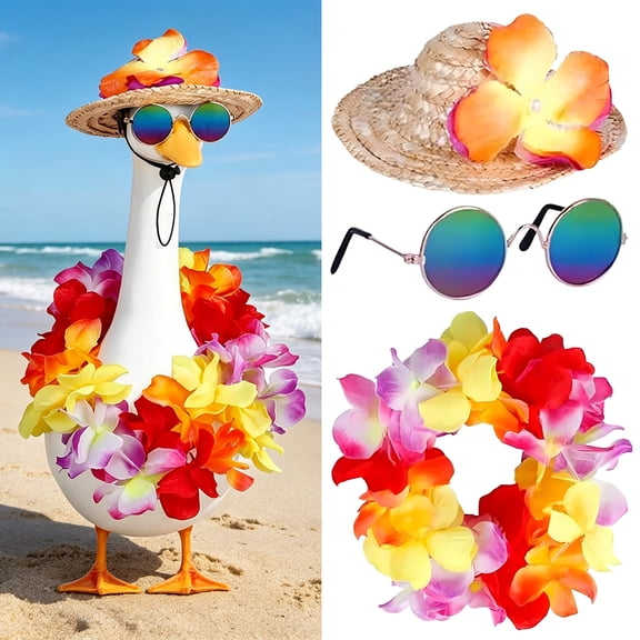 Porch Goose Statue Tropical Outfit Set Flower Lei Straw Hat for Beach Luau Summer Patio Decorations