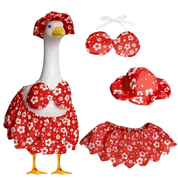 Porch Goose Summer Outfit 3 Piece Set with Hibiscus Print Hat Bikini Top and Skirt Fits 19-23 Inch Geese for Tropical Front Porch Patio Decor