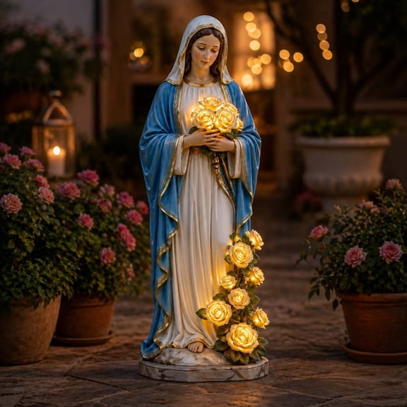 Porch Goose Virgin Mary Garden Statue with Battery Operated Light, 7 Inch Blessed Mother Mary Resin Statue with Glowing Roses, Catholic Decor for Patio Porch