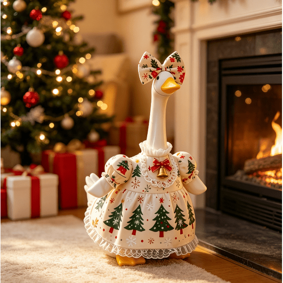 Porch Goose christmas Outfits,23 Inch Yard Goose Christmas Costume, Holiday Tree Snowflake Print Dress with Decorative Bow & Bell for Outdoor Garden Porch Display