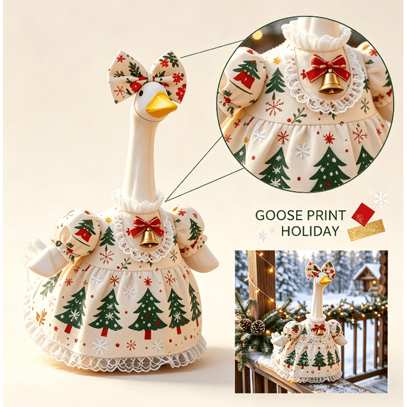 Porch Goose christmas Outfits,Festive Xmas Porch Goose Clothing, Ruffled Lace Printed Goose Dress with Bell for 23 Inch Yard Goose Statue Front Porch Decor