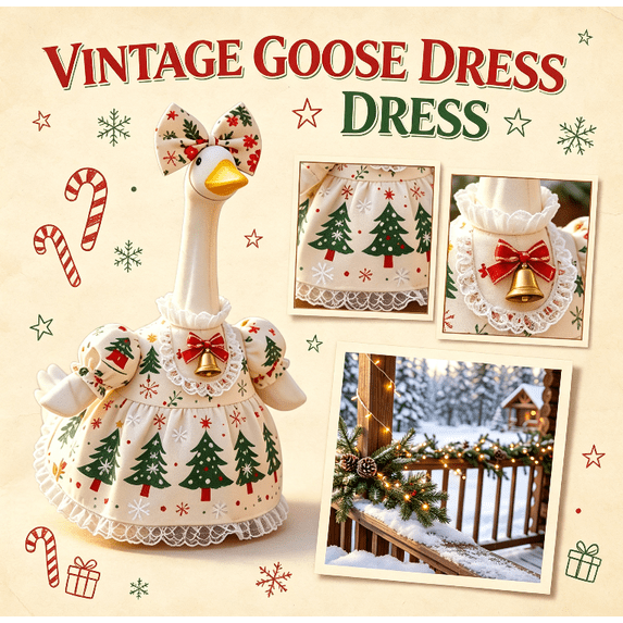 Porch Goose christmas Outfits,Holiday Porch Goose Clothes, Xmas Bell Bow Printed Dress Outfit for 23" Yard Goose Statue, Winter Front Entryway Decoration Accessory