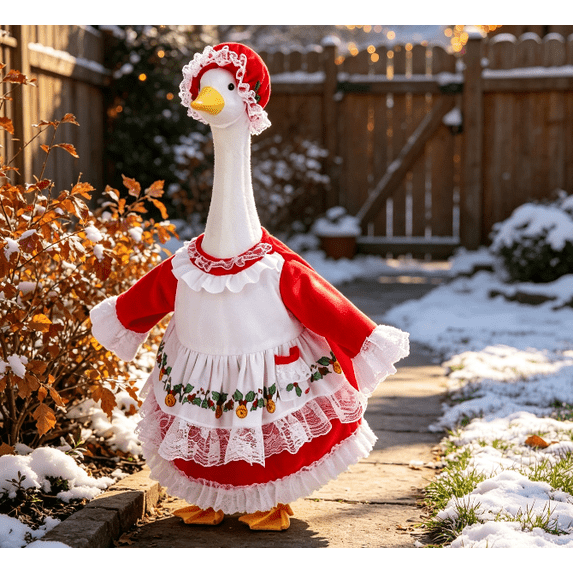 Porch Goose christmas Outfits,Winter Yard Goose Statue Dress‑Up Set, Xmas Maid Lace Apron Costume with Matching Hat for 19 Inch Front Porch Goose Decor