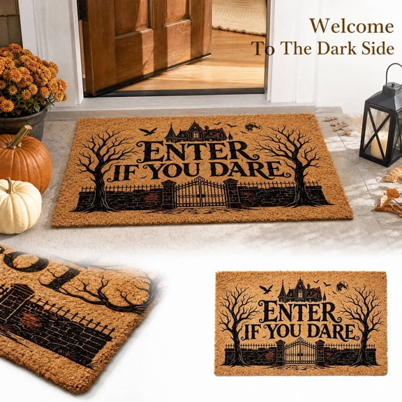 Porch Halloween Decor, Halloween Door Decor, Outdoor Porch Rug, Moon Decor, 24X16 Inch Brown Simulated Coir Vintage Print Halloween Rug, Weatherproof Low Profile Mat for Entry