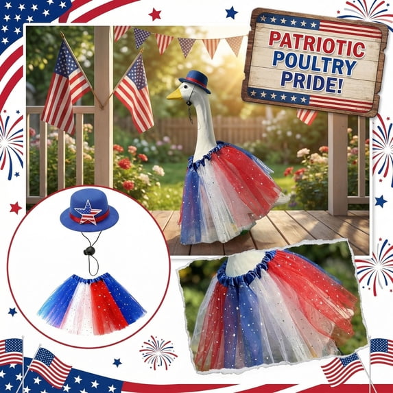 Porch Lawn Accessory, Porch Goose Outfit, 4Th of July Outdoor Decorations, Patriotic Outdoor Decor, Cute Red White Blue Star Accent Hat and Skirt Suit to Dress Up Your Outdoor