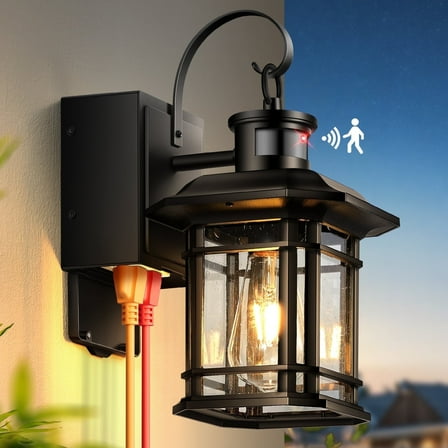 Porch Light with GFCI Outlet, Motion Sensor Outdoor Lights, Dusk to Dawn 3 Lighting Modes Outdoor Light with Outlet, Black Outside Lights for House, Garage, Garden, Waterproof, 100% Aluminum