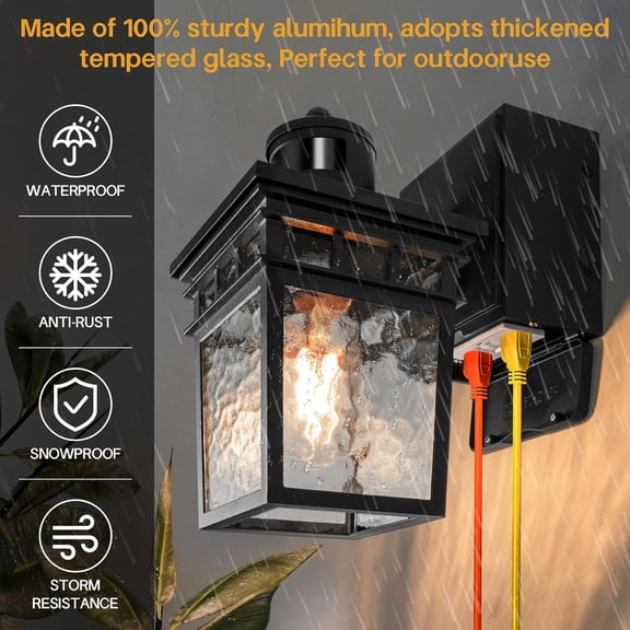 Porch Light Outdoor with GFCI Outlet - 3 Lighting Modes Exterior Light Fixture, Dusk to Motion Sensor Wall Mount Outside Lights for House, Garage, Front Door,