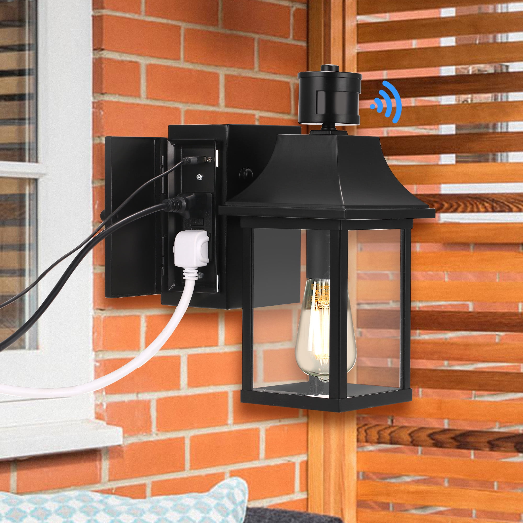Porch Lights with GFCI Outlet, Dusk to Dawn Motion Sensor Outdoor