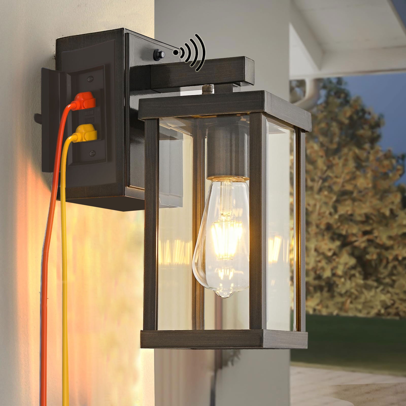 Porch Lights with GFCI Outlet, Dusk to Dawn Sensor Outdoor Lights Waterproof Anti-Rust Wall Sconce Lantern, Exterior Fixture for House Front Door Patio Garage, Gold Brown,1 Pack