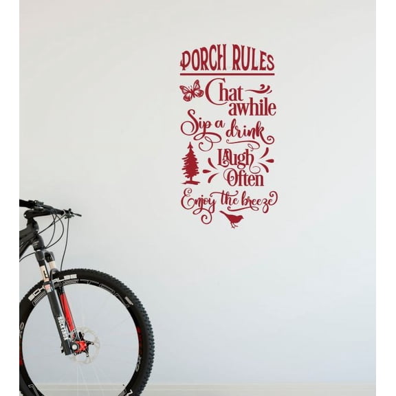 Porch Rules Chat Sip Laugh Farmhouse Wall Decals Quote Decor Art Sticker 12x23-Inch Red