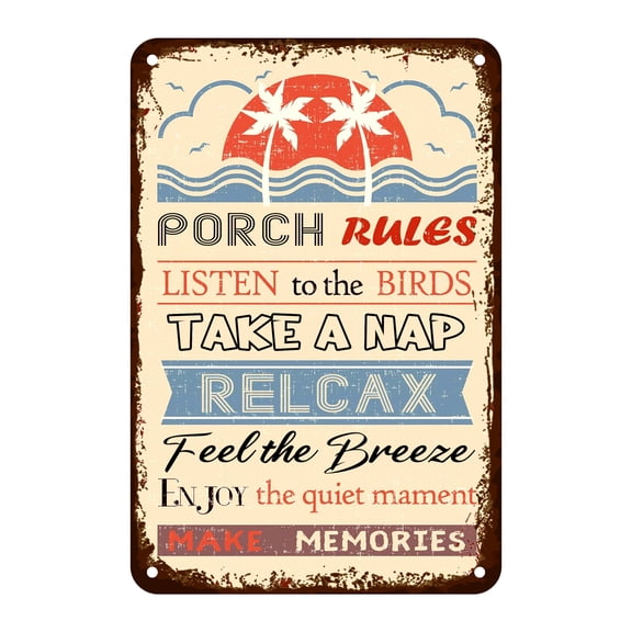 Porch Rules Sign Vintage Tin Metal Sign Porch Decor Sun Coconut Tree Wall Art Decor Kitchen For Home Cafes Signes Size: 8 x 12 inch