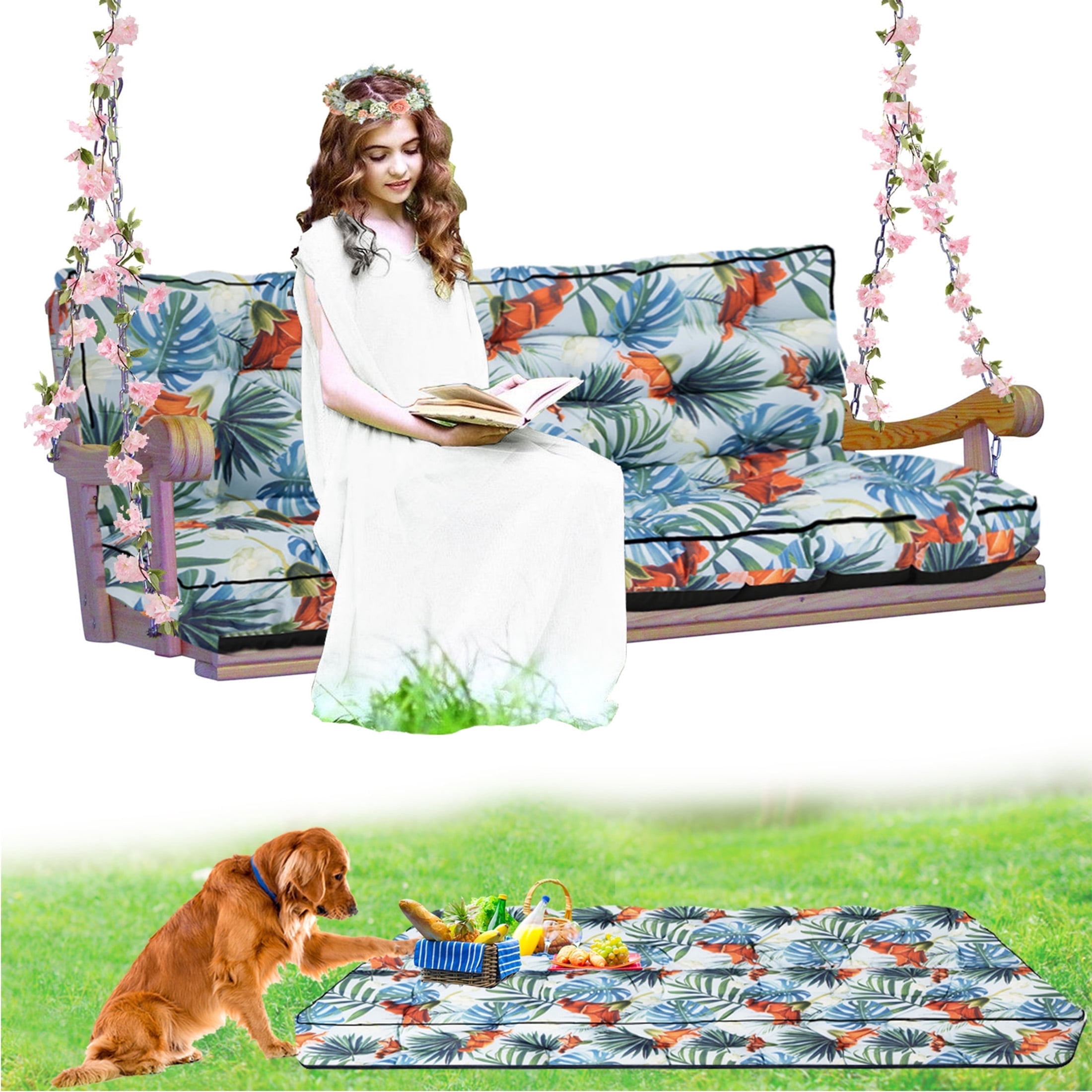 Porch Swing Cushion Thicken 4", 63" Swing Cushions 2-3 Seater Replacement, Waterproof Bench Cushions with Backrest, Anti-Fading Patio Swing Chair Pads for Outdoor Garden Furniture
