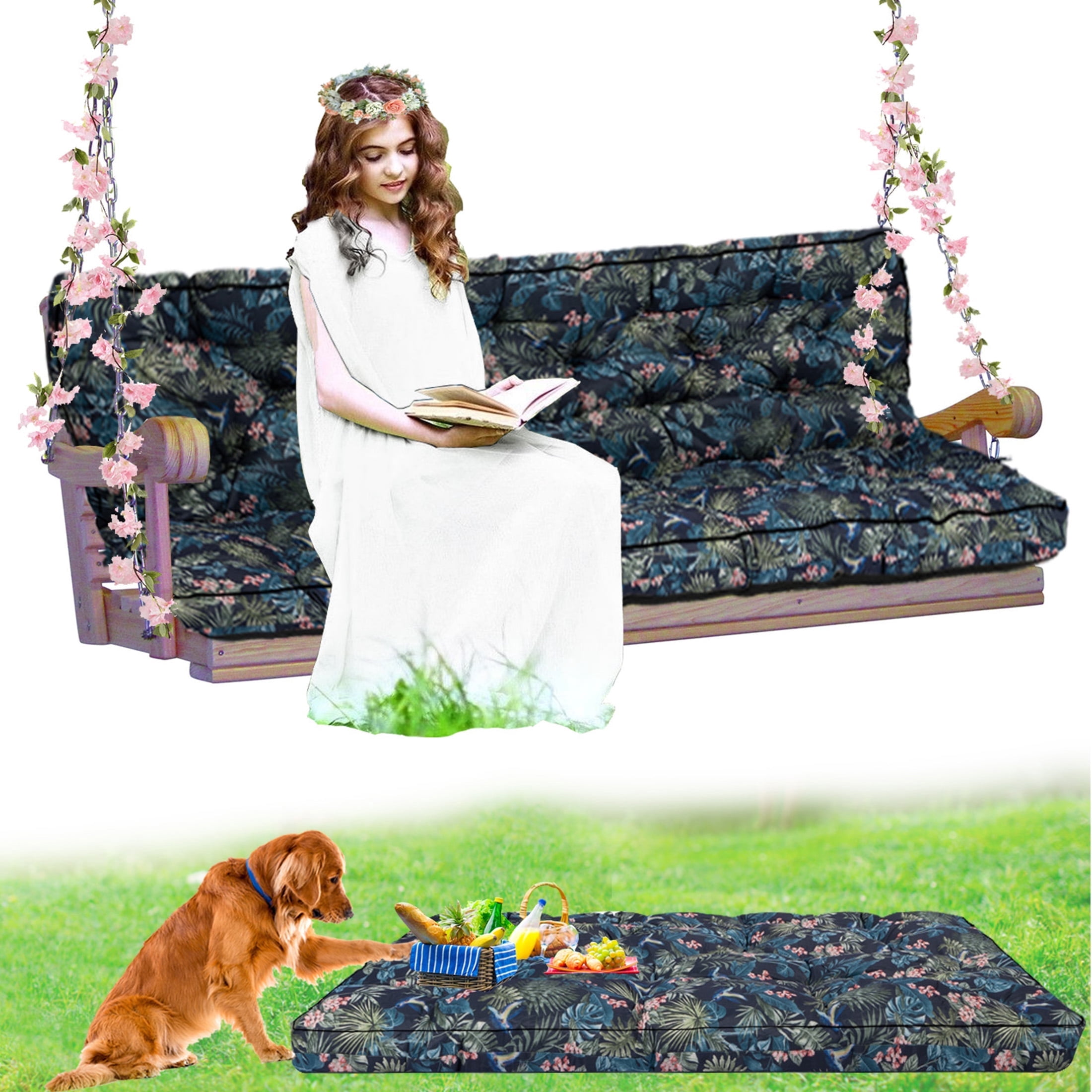 Porch Swing Cushion Thicken 4", 63" Swing Cushions 2-3 Seater Replacement, Waterproof Bench Cushions with Backrest, Anti-Fading Patio Swing Chair Pads for Outdoor Garden Furniture