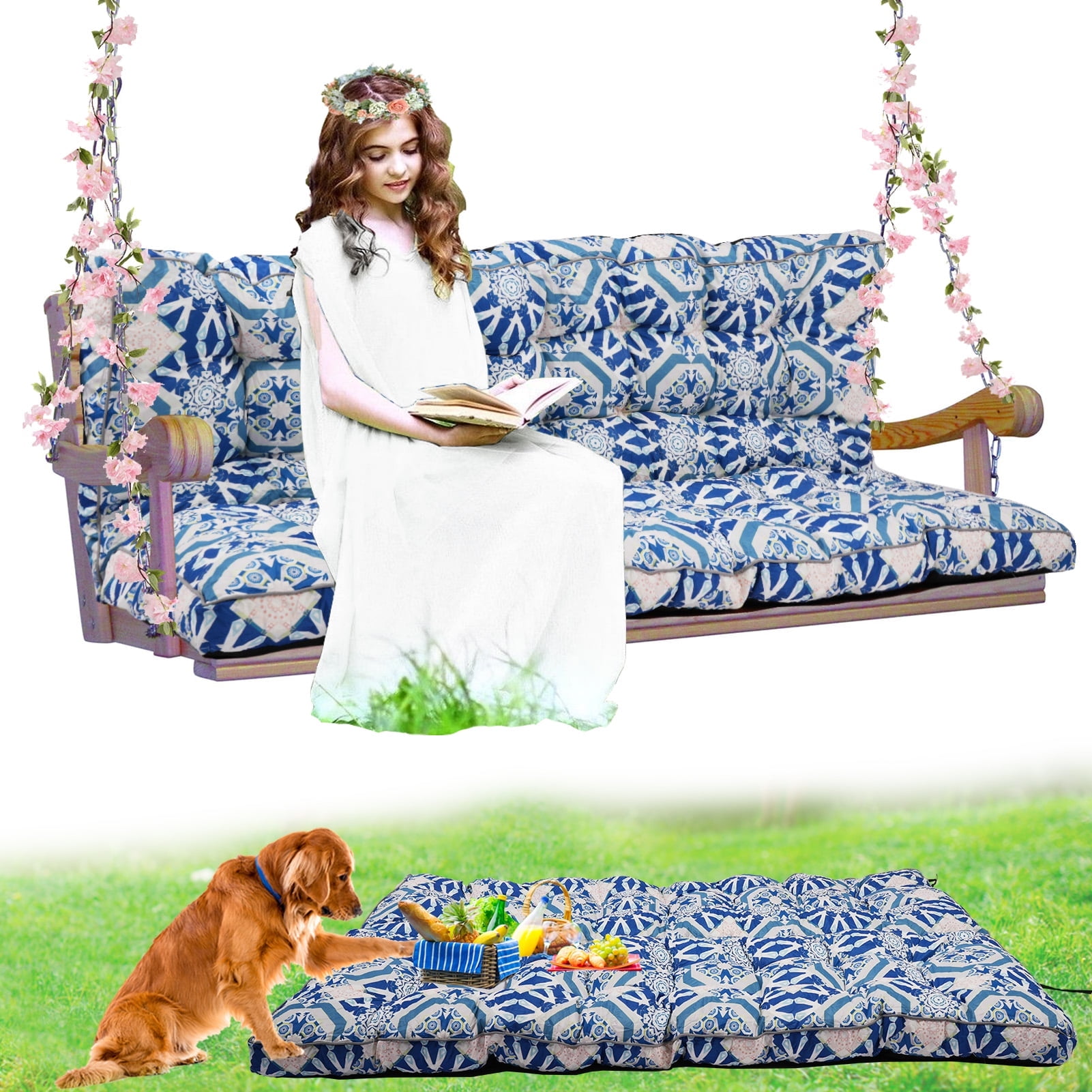 Porch Swing Cushion Thicken 4", 63" Swing Cushions 2-3 Seater Replacement, Waterproof Bench Cushions with Backrest, Anti-Fading Patio Swing Chair Pads for Outdoor Garden Furniture