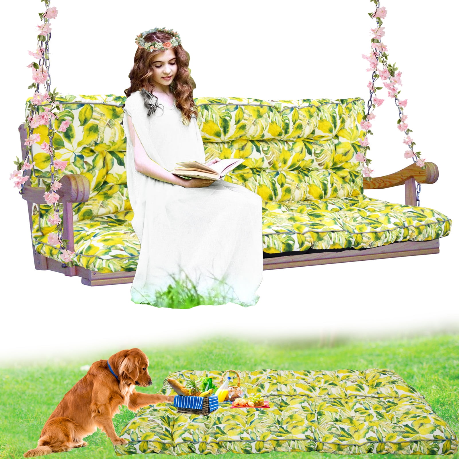Porch Swing Cushion Thicken 4", 63" Swing Cushions 2-3 Seater Replacement, Waterproof Bench Cushions with Backrest, Anti-Fading Patio Swing Chair Pads for Outdoor Garden Furniture