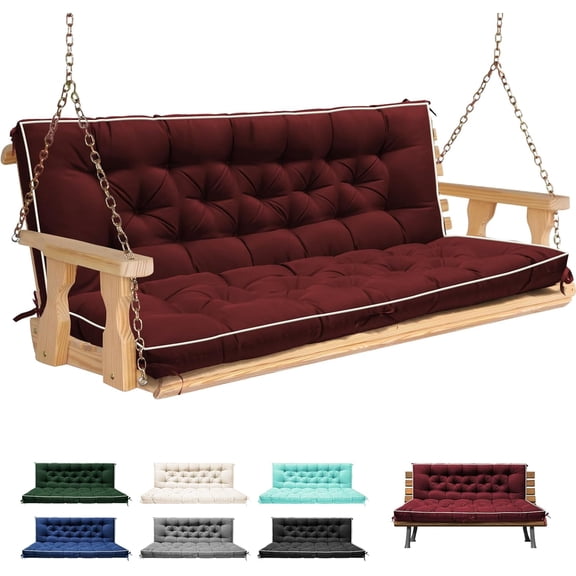 Porch Swing Cushions, Outdoor Swing Replacement Cushions 3 Seater with Backrest, Thickened Waterproof Bench Cushion with Ties for Patio, Outdoor, Backyard and Garden (Red)
