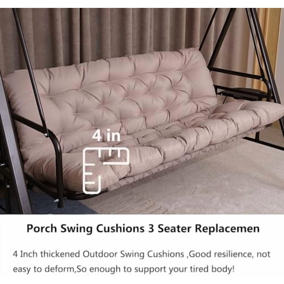 Porch Swing Cushions, Outdoor Swing Replacement Cushions 3 Seater with Backrest, Waterproof Bench Cushion with Ties,for Patio,Porch, Garden,Backyard (Khaki 60 * 40 in)