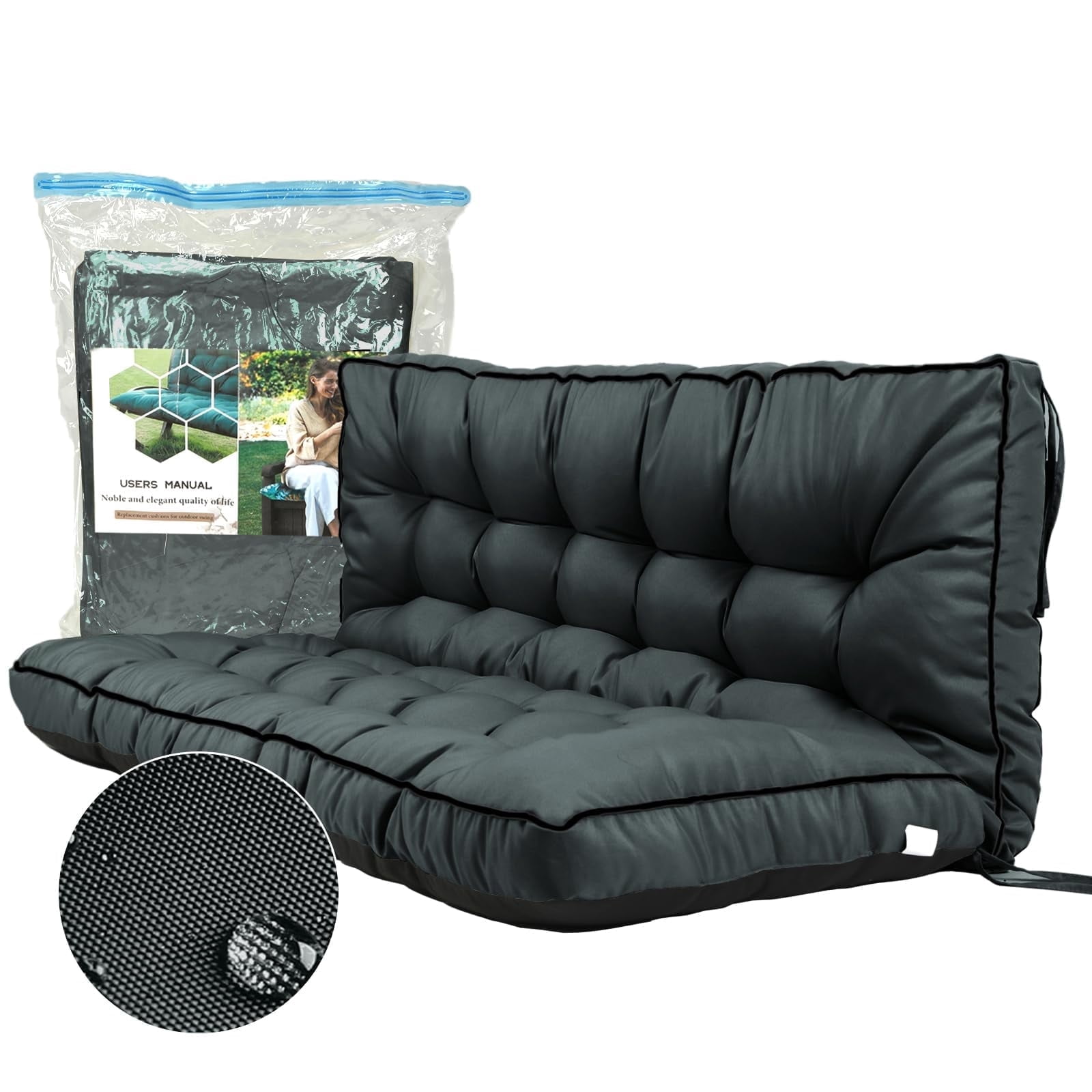 YLLN Porch Swing Cushions, Patio Furniture Cushions With 4" Thicken Backrest, Waterproof & Machine Washable, with Ties, Bench Cushions For Outdoor Furniture（40"x70"Dark Gray）