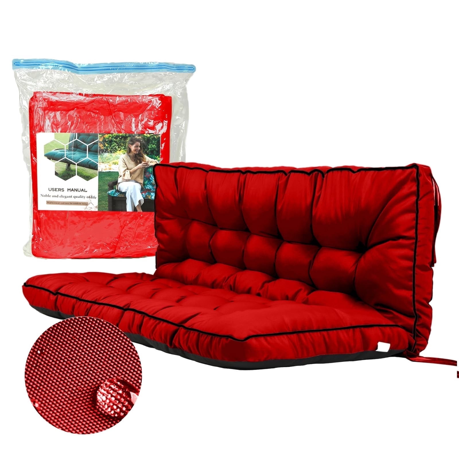 YLLN Porch Swing Cushions, Patio Furniture Cushions With 4" Thicken Backrest, Waterproof & Machine Washable, with Ties, Bench Cushions For Outdoor Furniture（40"x55"Red）