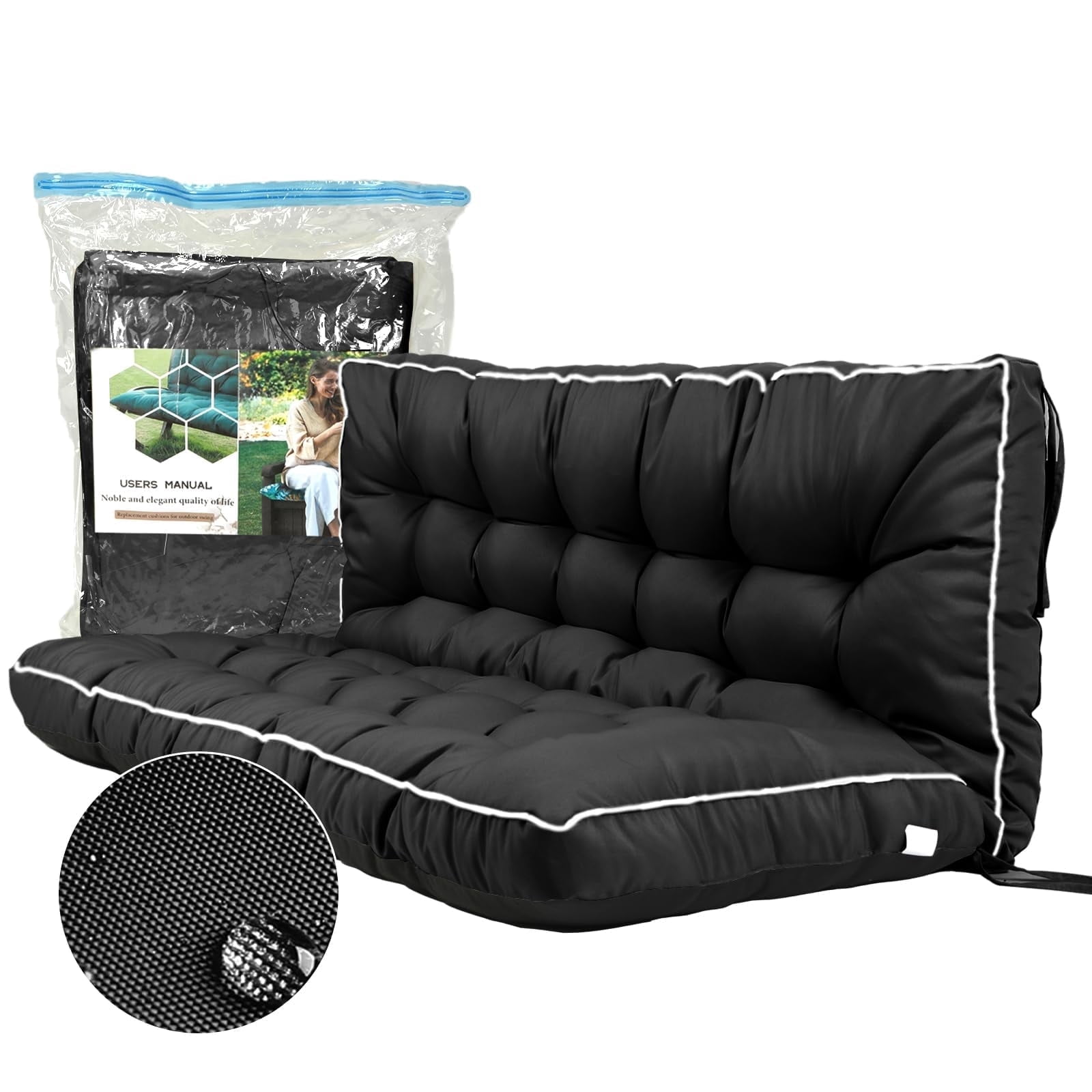 YLLN Porch Swing Cushions, Patio Furniture Cushions With 4" Thicken Backrest, Waterproof & Machine Washable, with Ties, Bench Cushions For Outdoor Furniture（40"x55"Black）