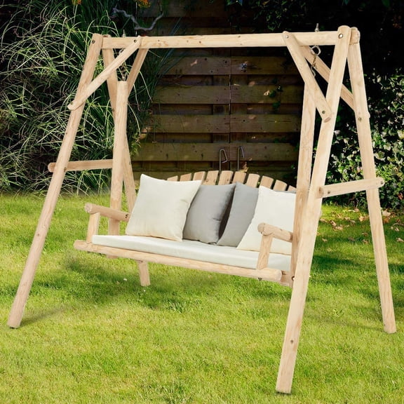 Porch Swing - Outdoor Wooden A-Frame for 2 Person, Rustic Hardwood Chair for Patio Garden Yard, 6.5' Bench for Adult Senior Toddler, Natural