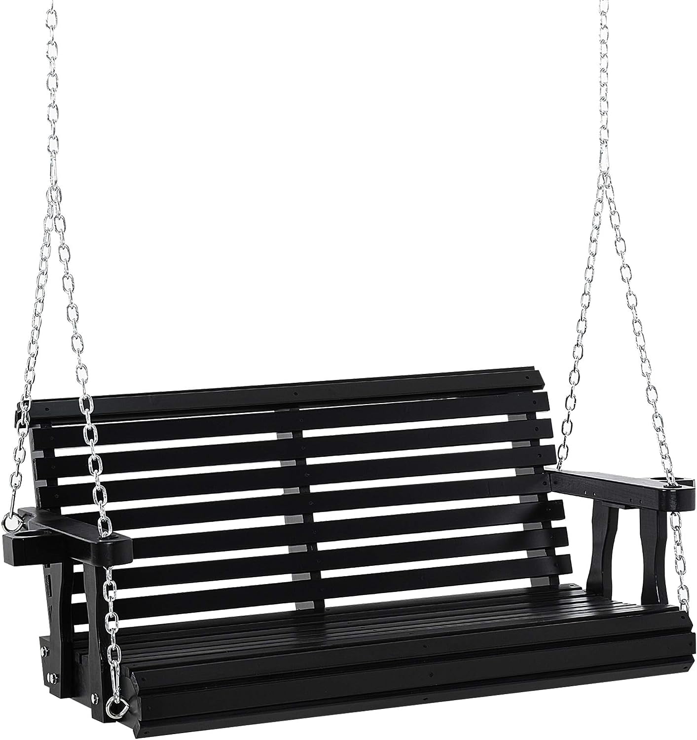 Black Wooden 2-Person Porch Swing with Chains and Cup Holders