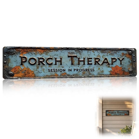 Porch Therapy Decorative Sign 4x16 Inch – Distressed Aluminum Wall Decor for Porch, Patio, Outdoor Leisure, Vintage Rustic Home Accent