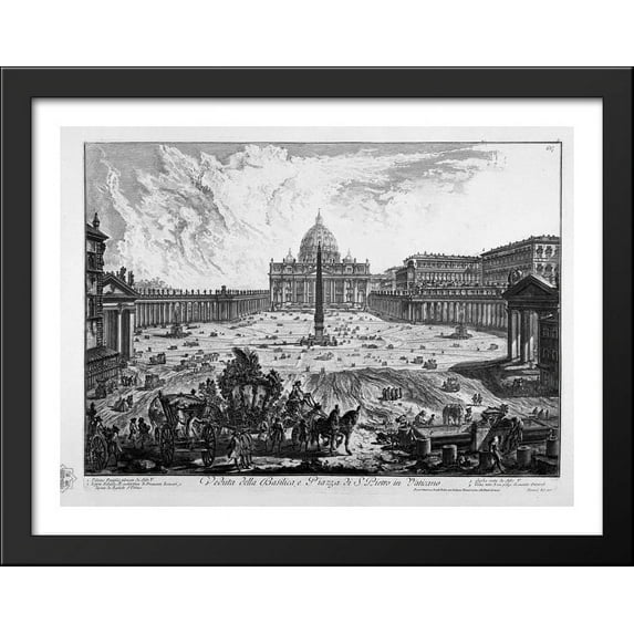 Porch View of the insignia Vatican Basilica and Piazza adjacent coll`ampio 36x28 Large Black Wood Framed Print Art by Giovanni Battista Piranesi