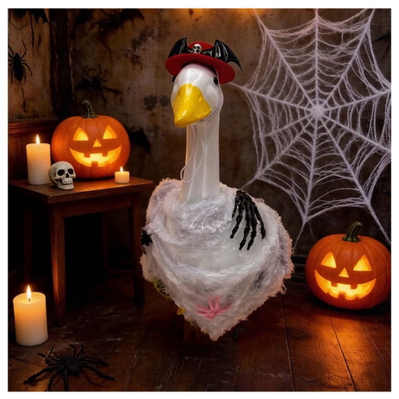 Porch Yard Lawn Decor, Halloween Porch Goose Outfit, 23 Inch Porch Goose Outfits, Porch Goose Clothes, Red Bat Wing Skull Hat Skeleton Decoration Set Includes 1 White Sheer Lace,