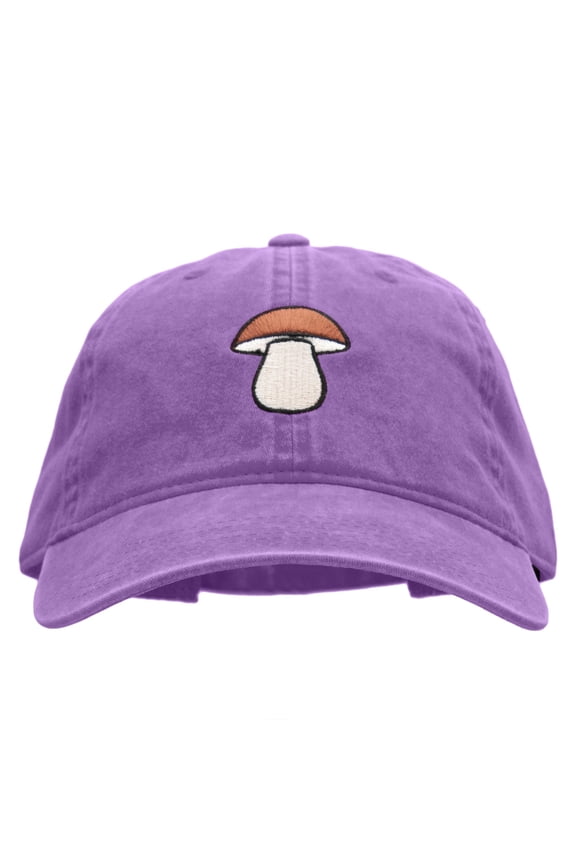 Porcini Mushroom Embroidered Washed Cotton Brass Buckle Cap - Purple OSFM