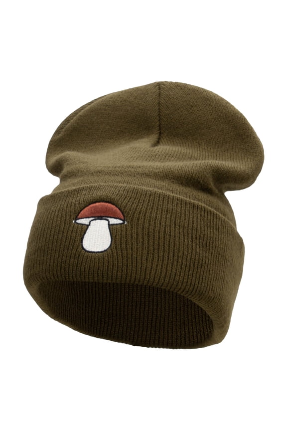 Porcini Shroom Embroidered 12 Inch Long Knitted Beanie - Olive OSFM