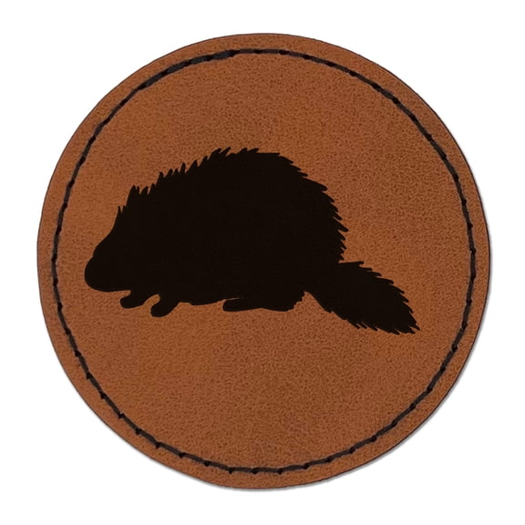 Porcupine Solid 2.5" Faux Leather Round Engraved Iron-On Patch - Brown