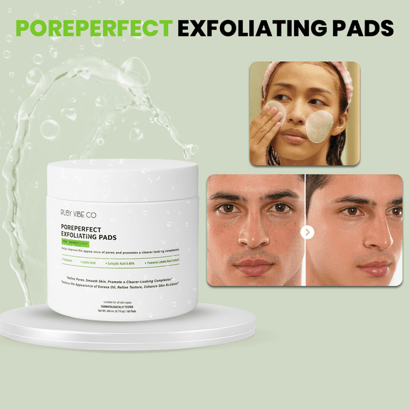 RUBY VIBE CO Pore Refining Exfoliating Toner Pads with Salicylic & Lactic Acid, 60 Count