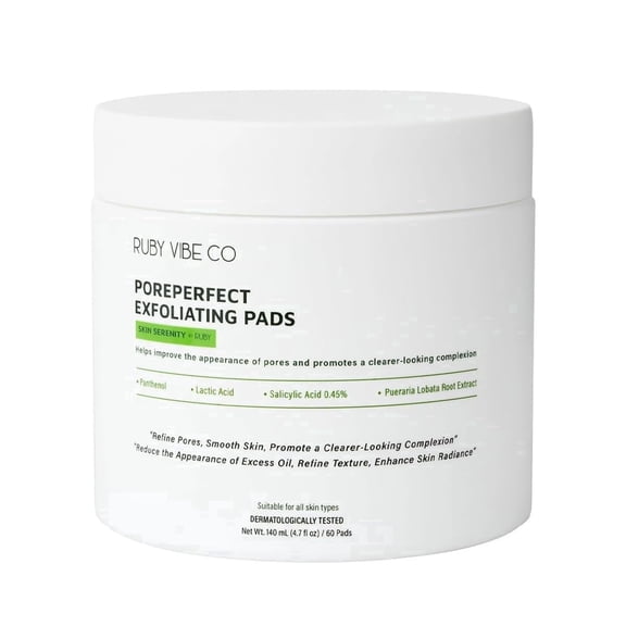 RUBY VIBE CO Pore Refining Exfoliating Toner Pads with Salicylic & Lactic Acid, 60 Count