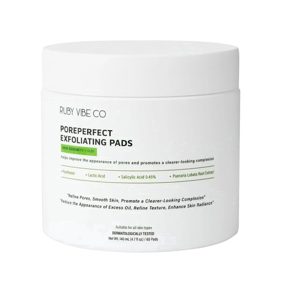 RUBY VIBE CO Pore Refining Exfoliating Toner Pads with Salicylic & Lactic Acid, 60 Count