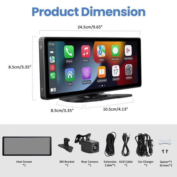 Porfeet 10.26 Inch Wireless Car Display Screen, Car Stereo Automobile Video Player, Car Audio Receiver with 4K Dashboard Camera, Backup Camera, GPS Navigation, Mirror Link, Voice Control,Black