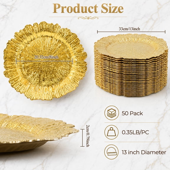 Porfeet 100 Pcs Gold Charger Plates, 13 Inch Plastic Charger Plates Bulk, Round Ruffled Rim Dinner Plates for Wedding Party, Thanksgiving, Christmas
