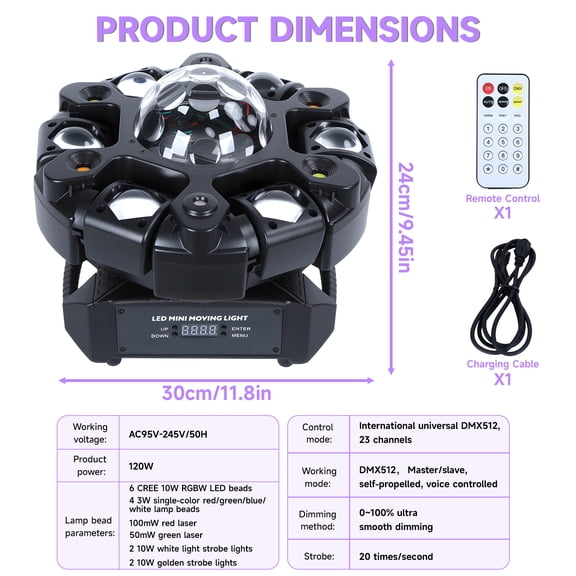 Porfeet 120W RGBW 6-Arm Moving Head Light, DMX512 Sound Activated Remote Control Stage Spotlight, 23 Channels LED DJ Light for Disco Club, Bar, Wedding, Party,US Plug