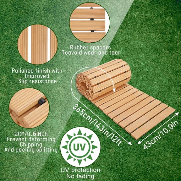 Porfeet 12ft x 45cm Garden Pathway, Wooden Garden Pathway, Outdoor Roll Out Walkway Pathway, Wooden Garden Bridge Walking Passage for Patio, Lawn, Backyard, Beach