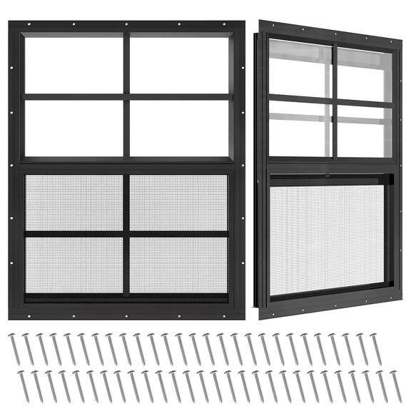 Porfeet 2 Pack Shed Windows, 24" x 36" Small Sliding Windows, Flush Mount Windows with Tempered Glass and Fiberglass Screen for Shed, Chicken Coop, Playhouse, Household, Garage, Barns,Black