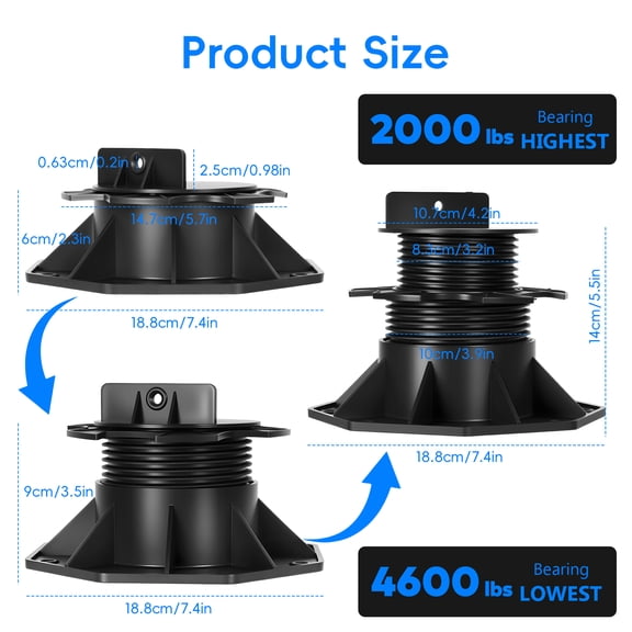 Porfeet 20 Pack Adjustable Deck Support Pedestal, Plastic Deck Foundation Base Support for Floating Deck Platform, Deck Floor Height Adjustment Raising from 2-3/8"-5-1/2" or 0.6" to 0.8", Black
