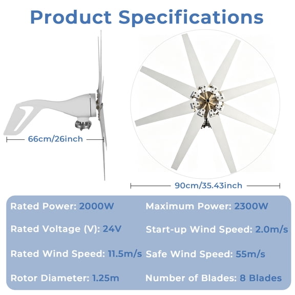 Porfeet 2000W Wind Turbine Generator Kit, 8-Blade Wind Power Generator, 24V Windmill Generator Kit for Solar Wind System Marine RV Home,White