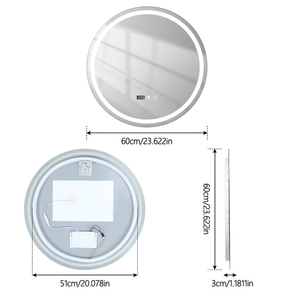Porfeet 24" LED Round Bathroom Mirror, Anti-fog Makeup Vanity Mirror with Touch Switch, Wall-Mounted Mirror with LED Light