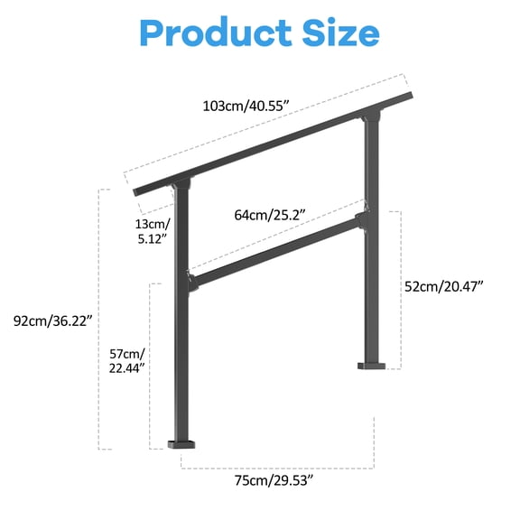 Porfeet 3 Step Hand Rails for Outdoor Steps, Adjustable 40" x 36" Stair Railing Kit Fits 1 to 3 Steps, Black Stair Handrail for Concrete Steps, Porch Steps,Black