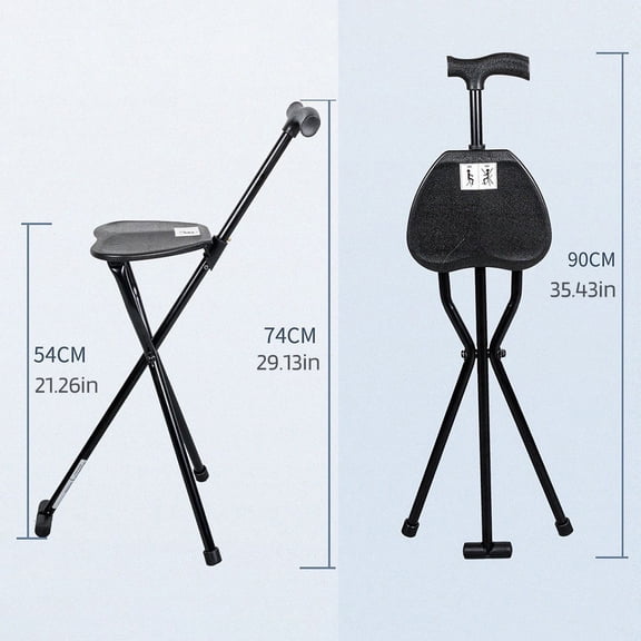 Porfeet 300 Lbs Crutch Stool with Seat Lightweight Folding Walking Stick Chair Portable Cane for Senior Elderly Camping Hiking,Black