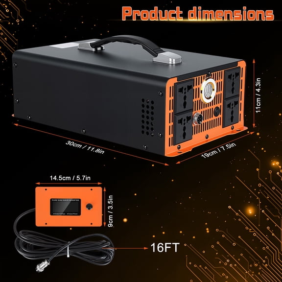 Porfeet 3000W Pure Sine Wave Inverter,12V Direct Current to 110V 120V AC Converter with LCD Display,Wireless Remote Control,Car Power Inverter,Orange